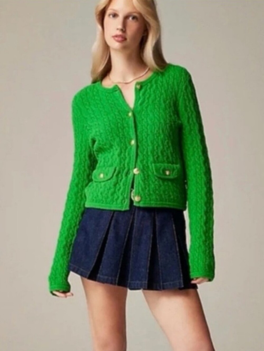 J Crew Odette Kelly Green Boucle Cable Knit Classic Cardigan Sweater Medium